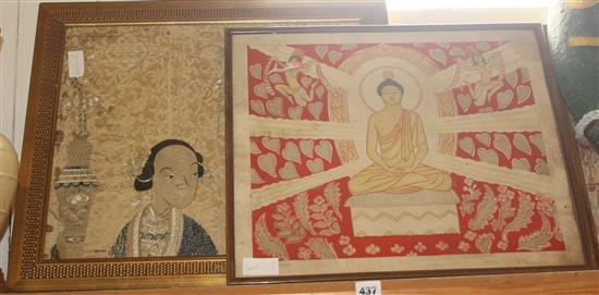 3 buddhist prints and chinese silkwork panel